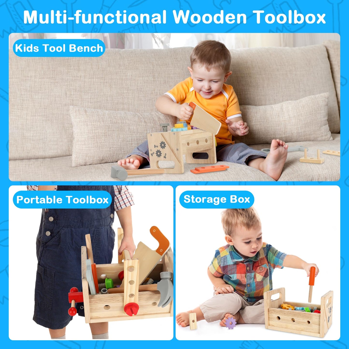 Vextronic Kids Tool Set, Wooden Toddler Tool Set with Tool Box/Bench, Montessori Toys for 1 2 3 4 5 6 Year Old, Play Toy Tools K
