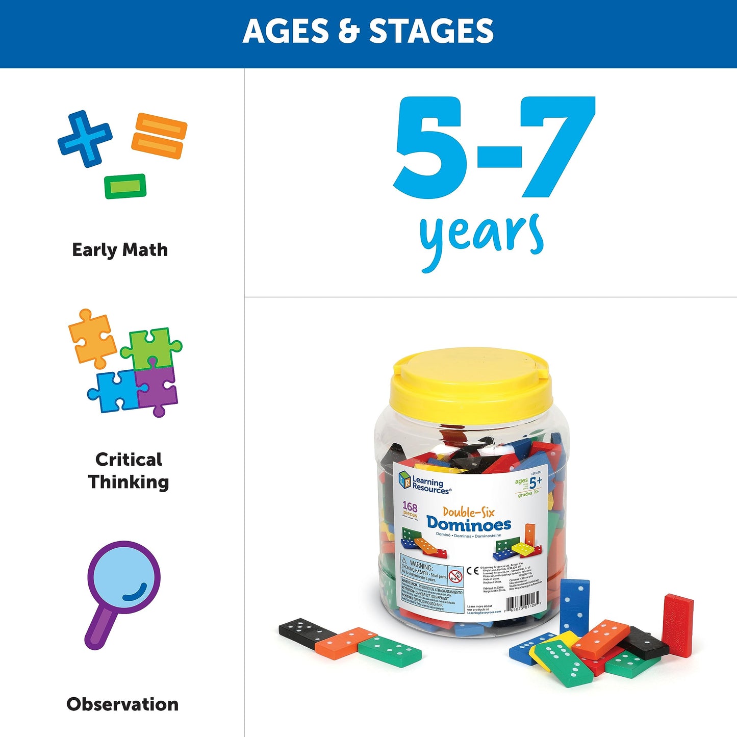 Learning Resources Double-Six Dominoes in Bucket, 168 Pieces, Multi-Color, Wood, Ages 5+
