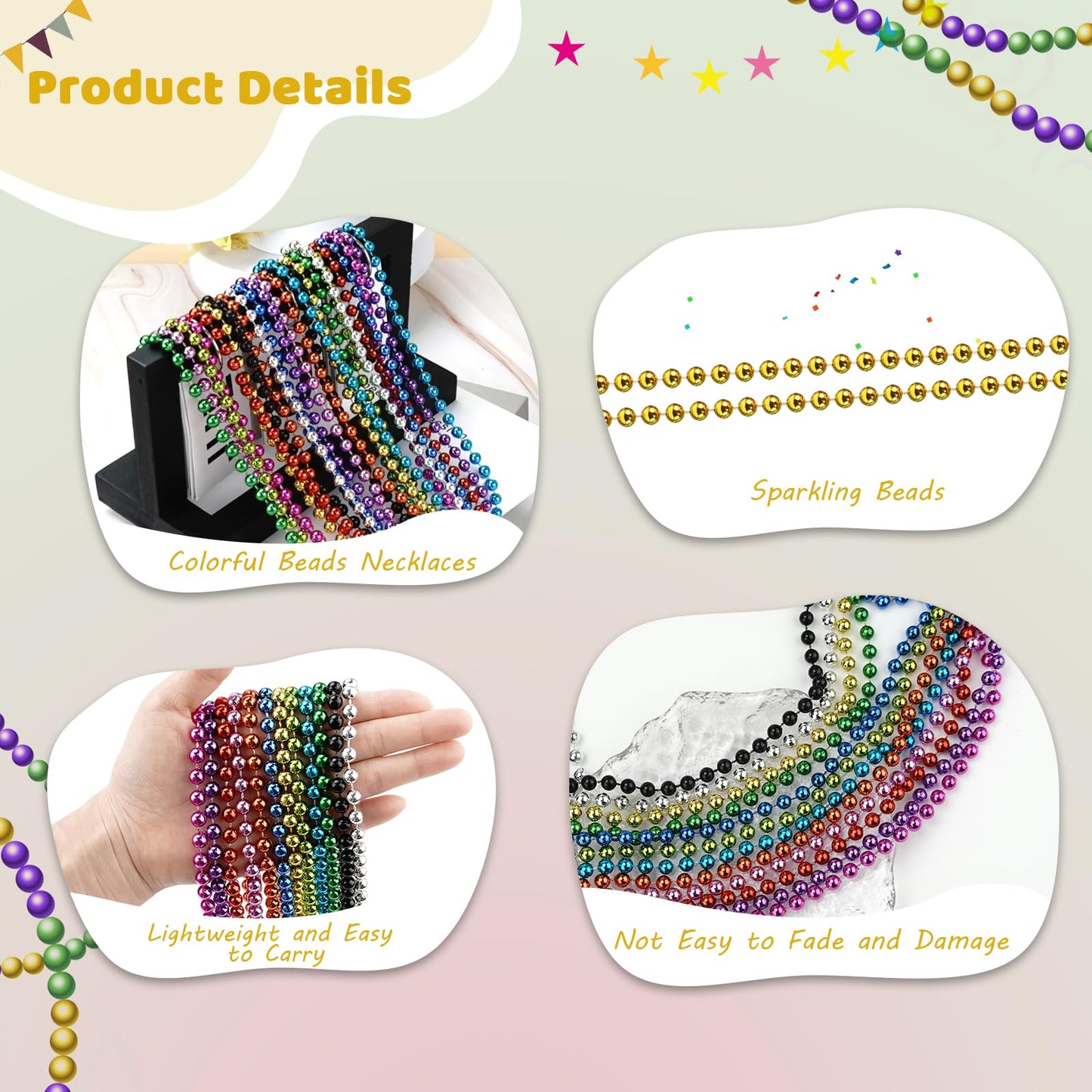 SHAOQINLIN 144 Pcs Gold Mardi Gras Beads, 33'' 7 mm Metallic Gold Bead Necklaces Round Party Beads Necklaces Bulk for Mardi Gras