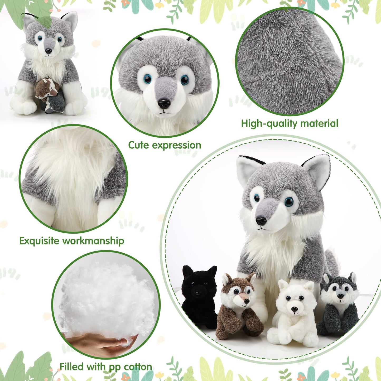 Honoson 5 Pcs Wolf Plush Set 14 Inch Mommy Wolf Stuffed Animal With 4 Cute Baby Wolves In Her Zippered Tummy Soft Wolf Plushie F