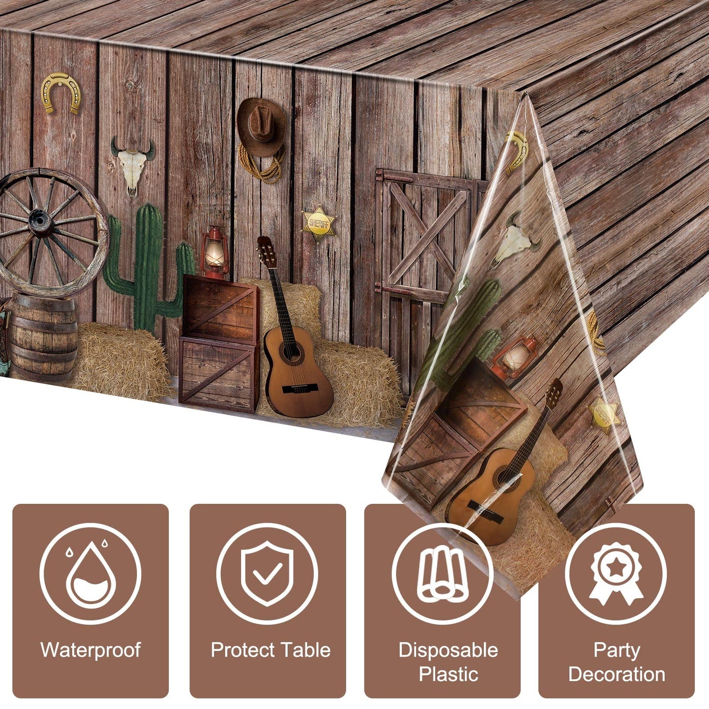 Tiamon 3 Pcs Western Party Tablecloth Western Cowboy Party Table Cover Cowboy Theme Plastic Tablecloth Wild West Wooden House Ba
