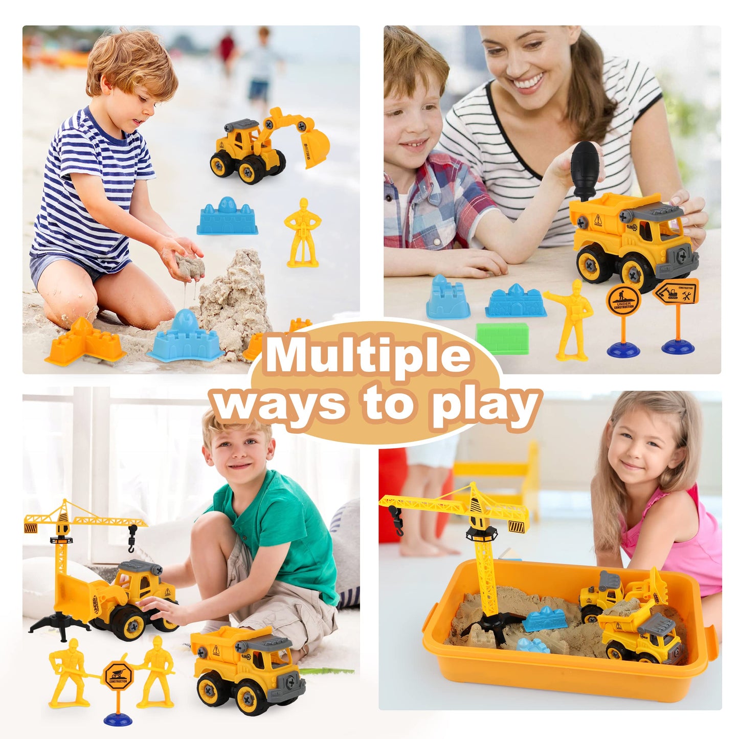 WICOTOO Sand Construction Kit,Sandbox,2.2lbs Magic Sand W/4 Take Apart Construction Trucks,Tower Crane,8 Sand Molds,4 Worker Fig