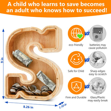 Wooden Letter Piggy Bank for Kids Initial Coin Bank for Boys and Girls First Name Personalized Savings Bank for Birthday Boys Girls Gift Piggy Bank for Kids (Wood S9-S)