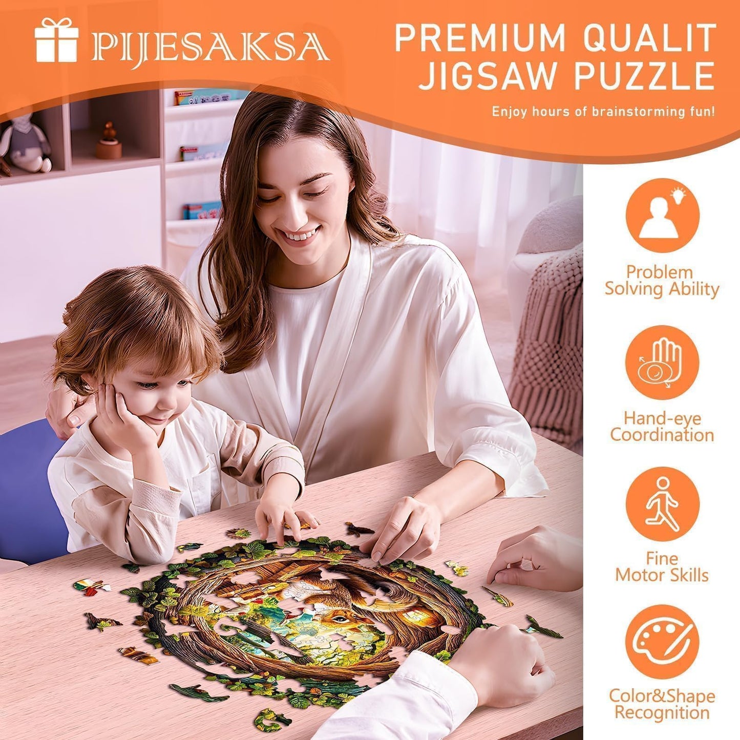 Wooden Puzzles for mature-themeds - Squirrel in The Cave Flat Puzzle with 3D Visual Effect Unique Shape Wood Puzzles mature-themed Good Gift Idea for Friend and Family (L-13.4 * 13.1in-300 Pieces)