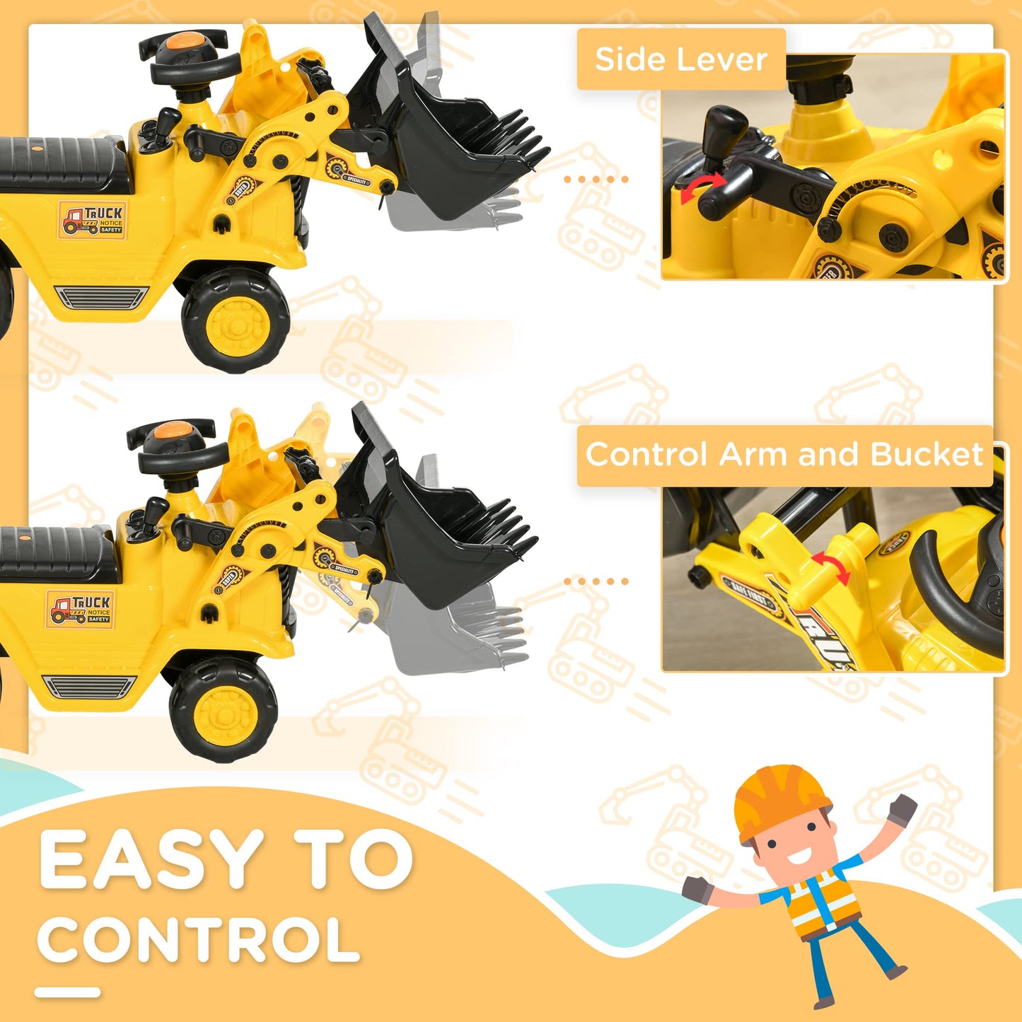 Homcom Ride On Excavator Pull Cart, Kids Bulldozer Ride On Truck With Horn, Under Seat Storage, Sit And Scoot Pretend Play Toy Construction Car For Ages 18-48 Months