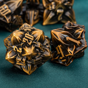 ARUOHHA Metal D&D Dice Set DND Ancient Gold D&D Dice Set with Gift Box, D + D 7PCS Leaf Design Polyhedral Dice Dungeons and Drag