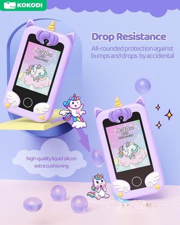 KOKODI Kids Smart Phone Toys, Birthday Gifts Unicorn Toddler Play Phone for Girls 3-10, Touchscreen HD Cell Phone for Kids, Trav