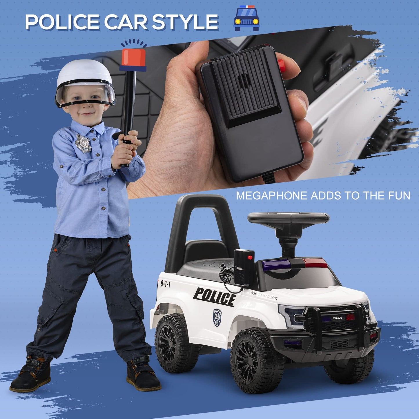 Aosom Kids Push Ride On Car With Working Pa System And Horn, Police Truck Style Foot-To-Floor Sliding Car For Boys And Girls Wit