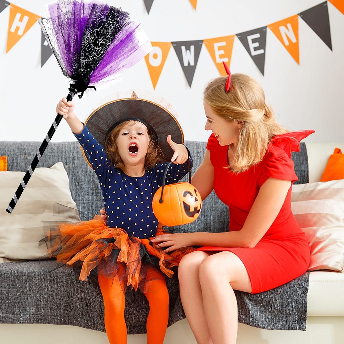 NSVJVY Kids Witch Broom, Halloween Broomstick, Photography Prop Toy, Cosplay Dress Up Costume Party Cute Witch Broom (Purple)