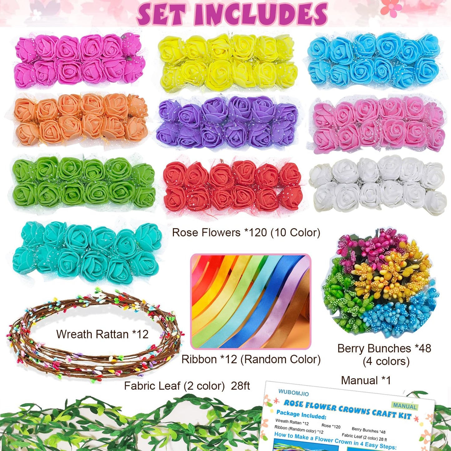 Wubomjio Diy Flower Crown Crafting Kit(Rose Theme), Make Your Own 12Pc Floral Crown Garland Kit, Presents For Kids Ages 6 7 8 9 10 Years Old And Up