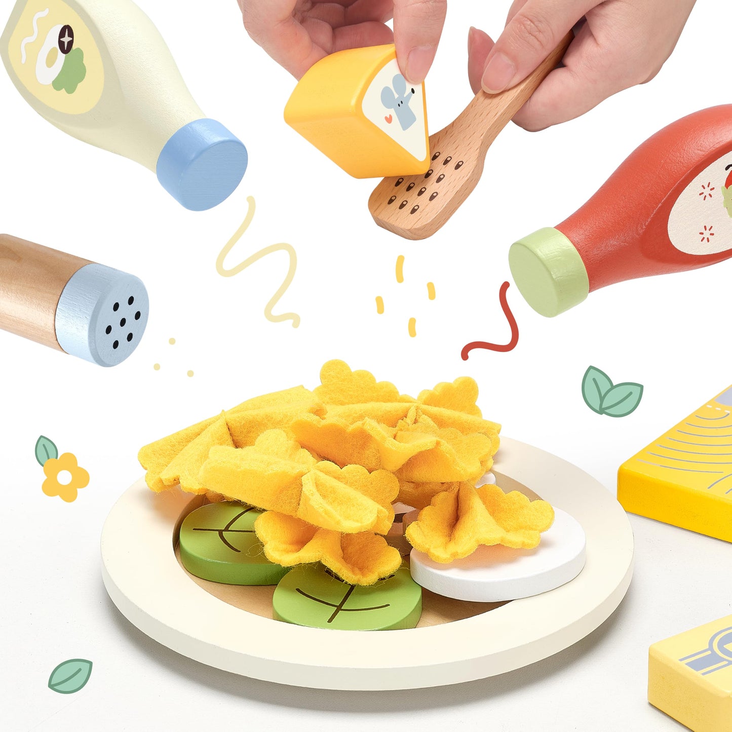 Pillowhale Pasta Food Toys, Wooden Play Kitchen Food , Play Food with Pots and Pans Playset, Kids Pretend Play Kitchen Accessori