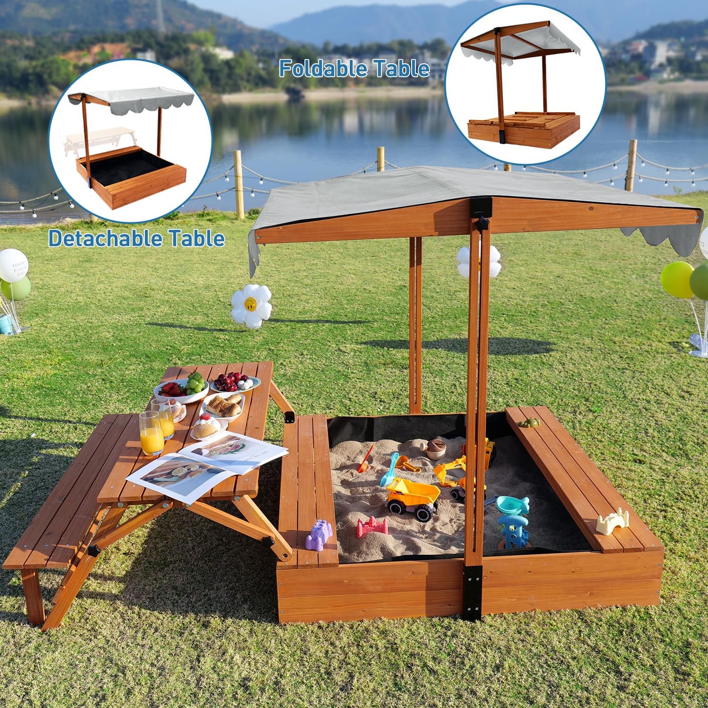 Funxplore Wooden Kids Sandbox With Lid, Outdoor Sand Box With Picnic Table, Sandpit With Cover Canopy For Aged 3-8 Years Old, Ad