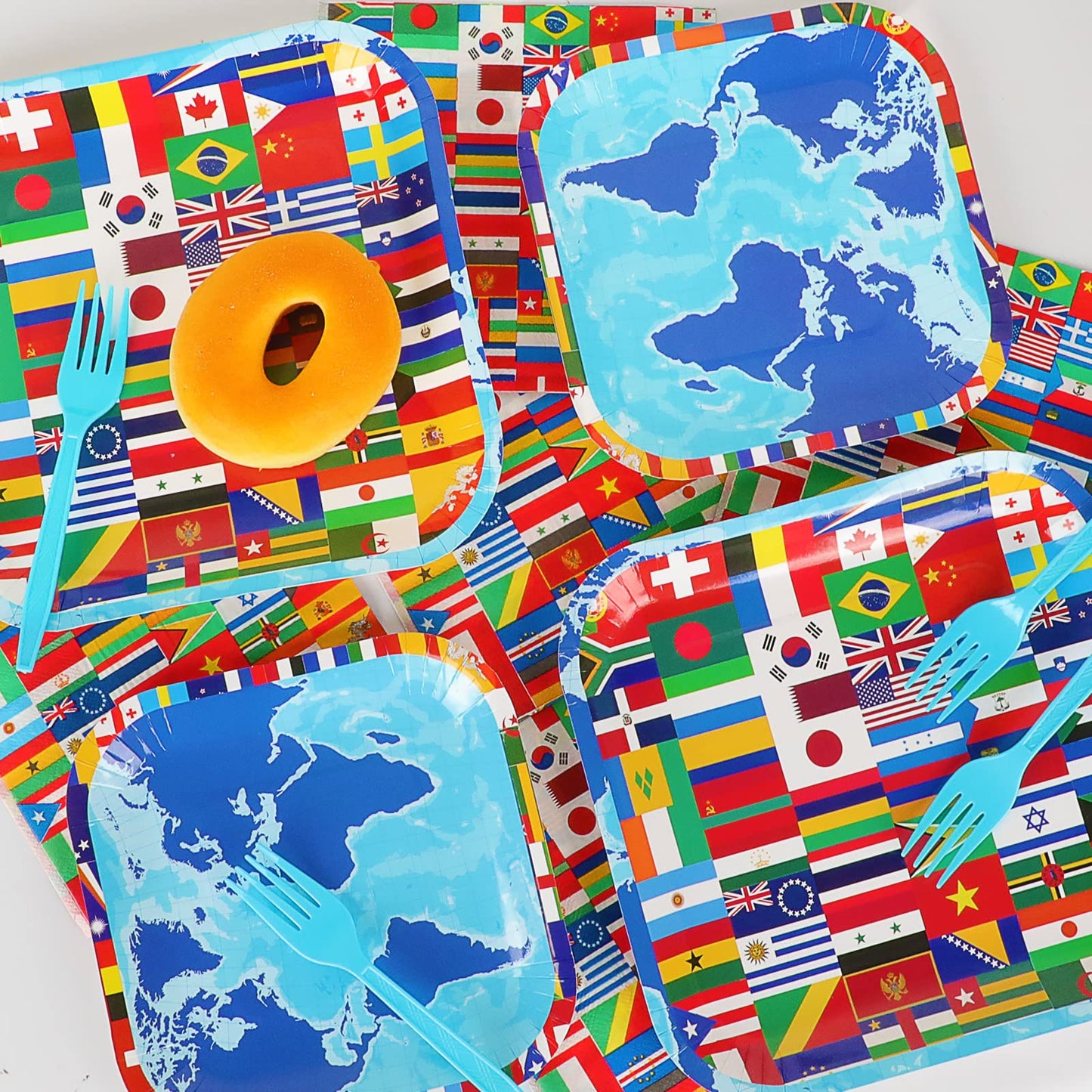 96 Pcs International World Flags Plates And Napkins Party Supplies Travel Trip Around The Globe Tableware Set Retirement Party D