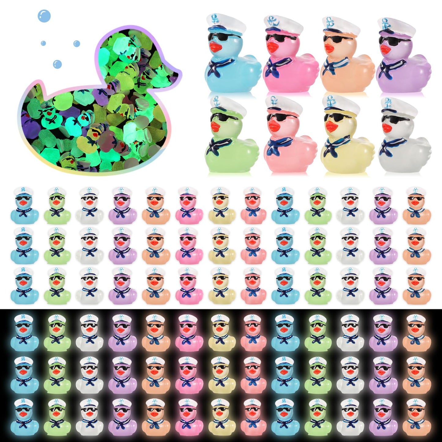 Lasuroa 80Pcs Mini Luminous Ducks, Mini Resin Sailor Cruise Ducks With Sunglasses Tiny Resin Figures Duck Resin Ducks Miniature