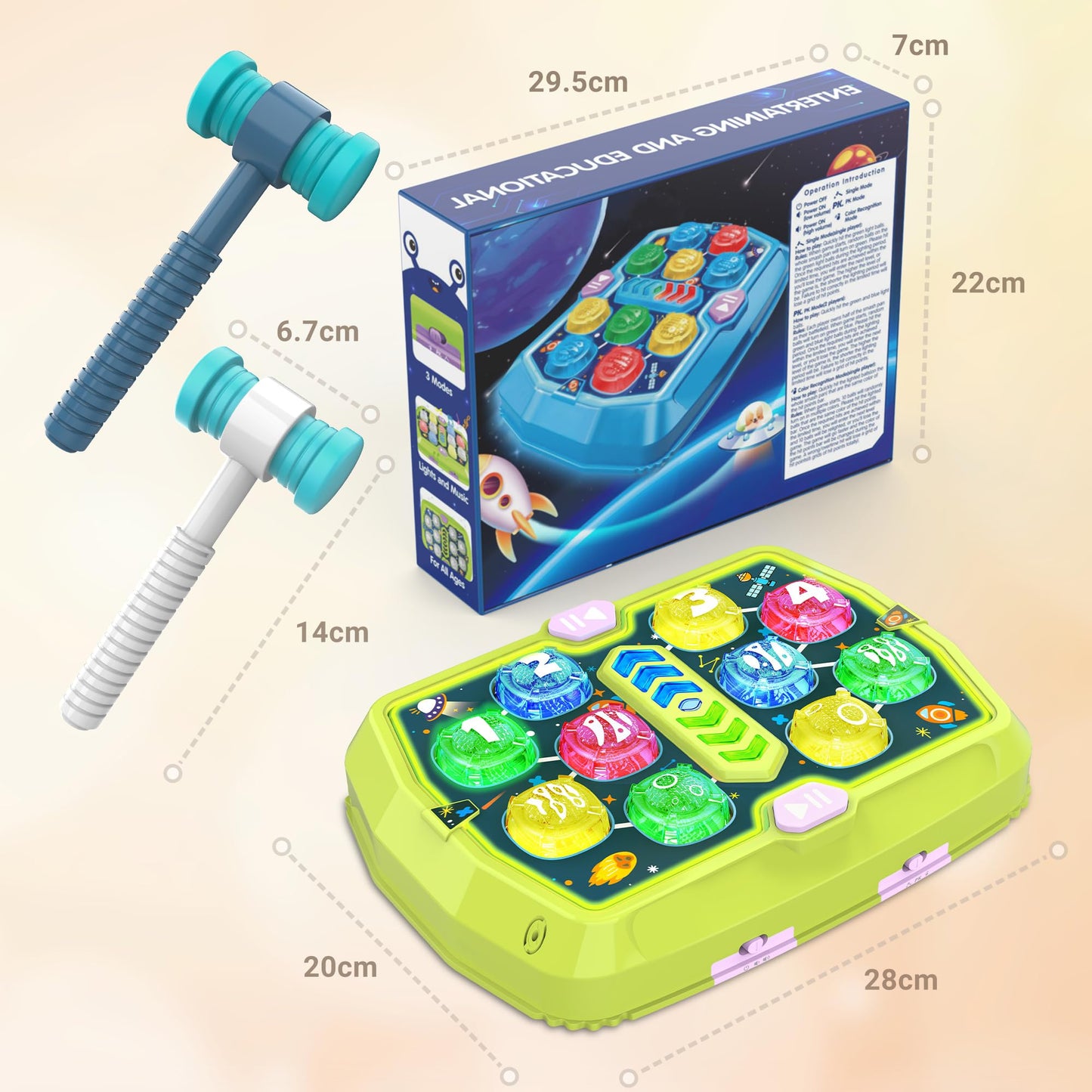 Whack Mole Game Toy For Toddler, Toys For 3 4 5 6+ Year Old Boys/Girls, Interactive Educational Pounding Toys With 2 Hammers, Music & Light, 3 Modes, Birthday Xmas Gifts For Boys Girls Kids Age 3+