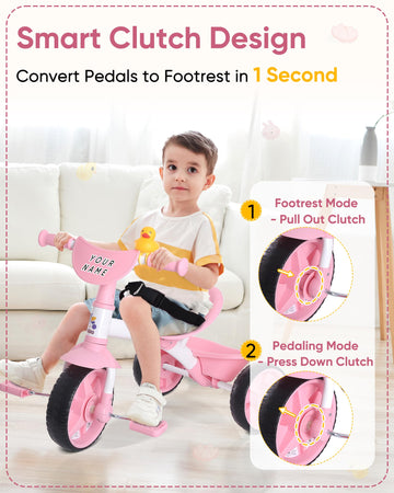 KRIDDO Kids Tricycle 2 in 1 with Push Handle, EVA Wheels, Pink, for Toddlers 18 Months to 3 Years, Small, Carbon Steel
