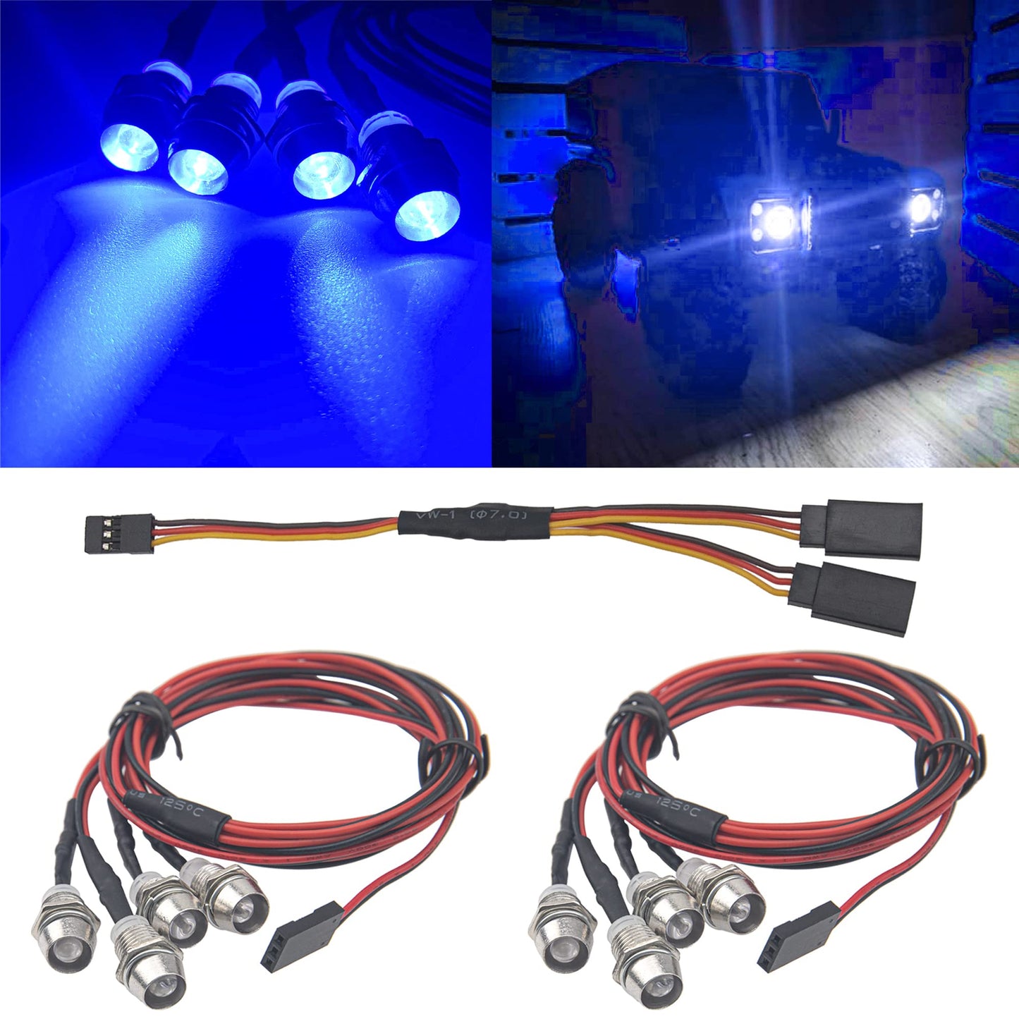 2Pack HIRCQOO 4LED RC Car LED Light Headlights Taillight Lighting with JR Y Cable Compatible with Traxxas HSP Tamiya Redcat RC4W