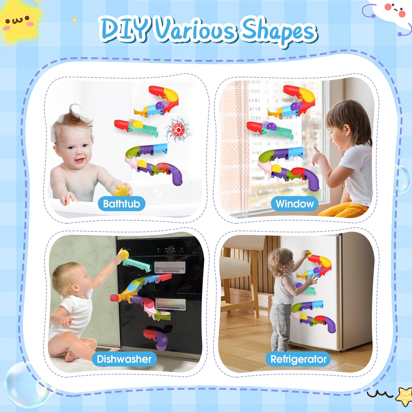 Taseyok Toddler Bath Toys For Kids, Diy Bathtub Toys With Suction Cups, Fun Baby Shower Toys With Slide Track Birthday Gift For