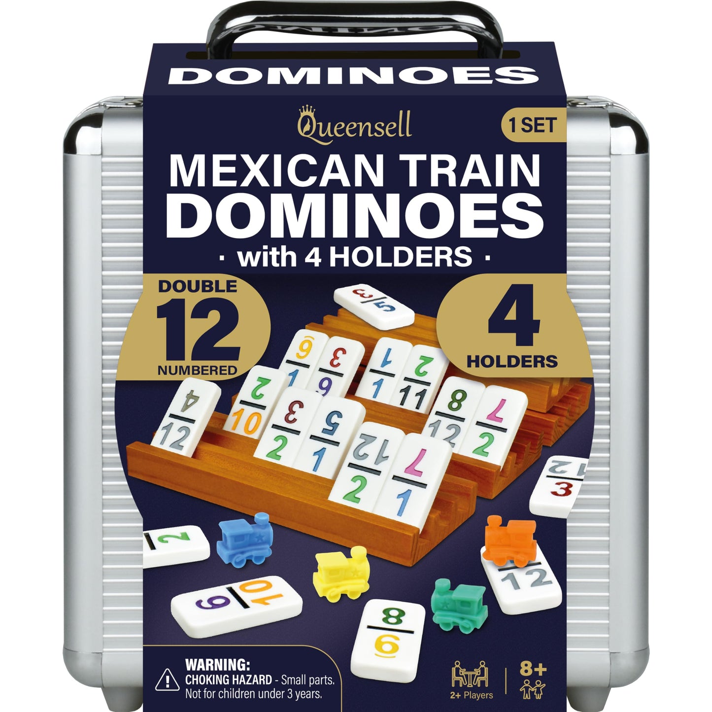 Queensell Mexican Train Dominoes Set With Numbers And 4 Holders - Wooden Hub And Tiles Holders - Double 12 With Numbers (D12 Num