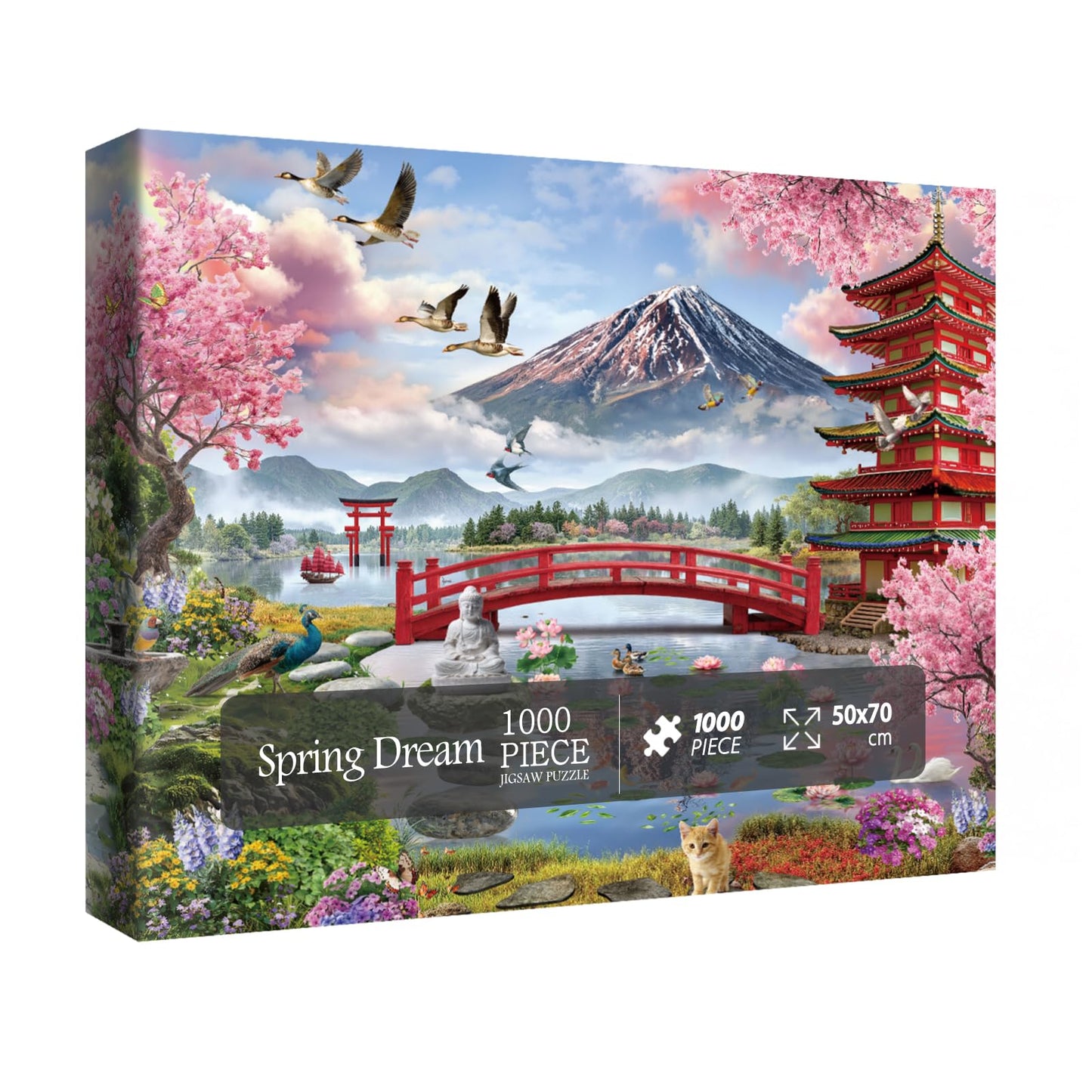 Japanese Garden Art Puzzles for Adults 1000 Pieces Nature, Colorful Cat Bird Plant Rainbow Jigsaw Puzzles, Colorful Landscape Sp