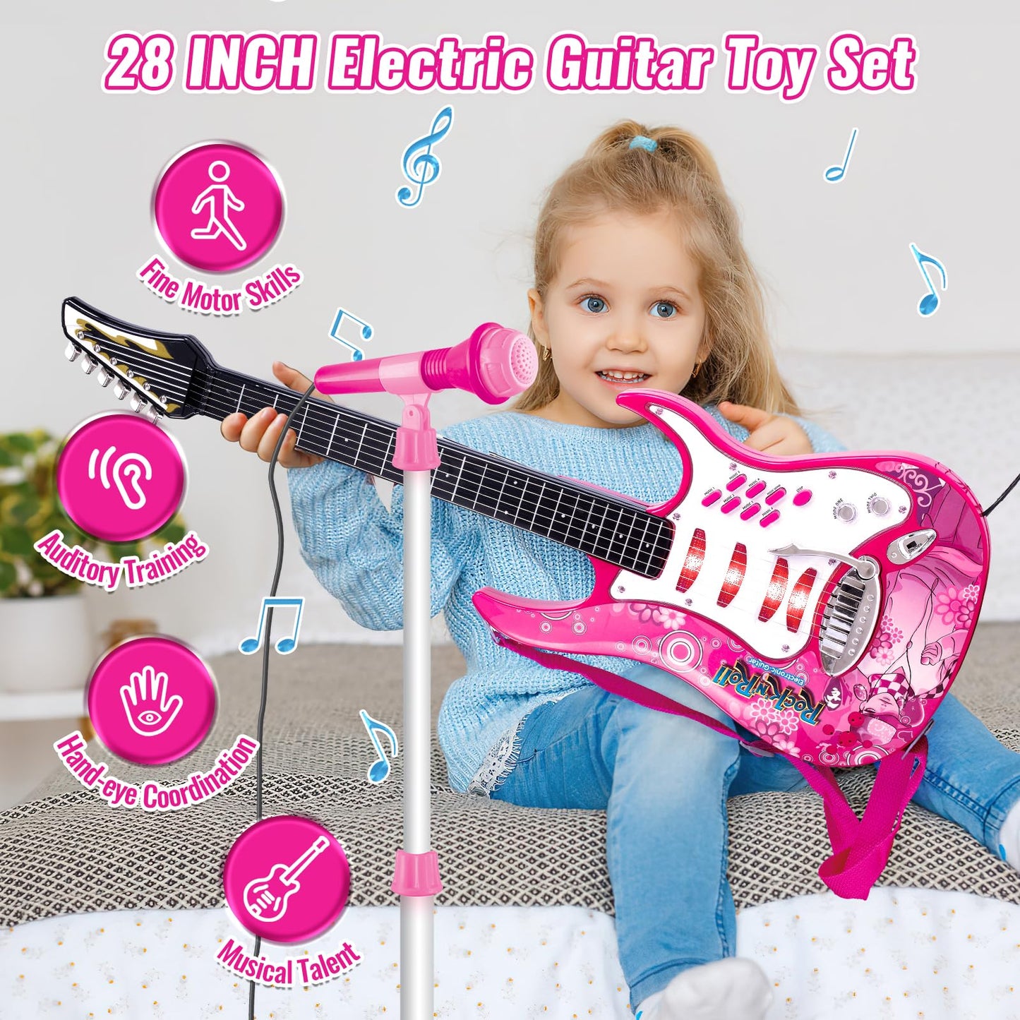 Deao Musical Guitar Play Set,Djustable Height Microphone,Amplifier Set With Stand,Music Light Karaoke Music Toys Birthday For Kids Boys Girls