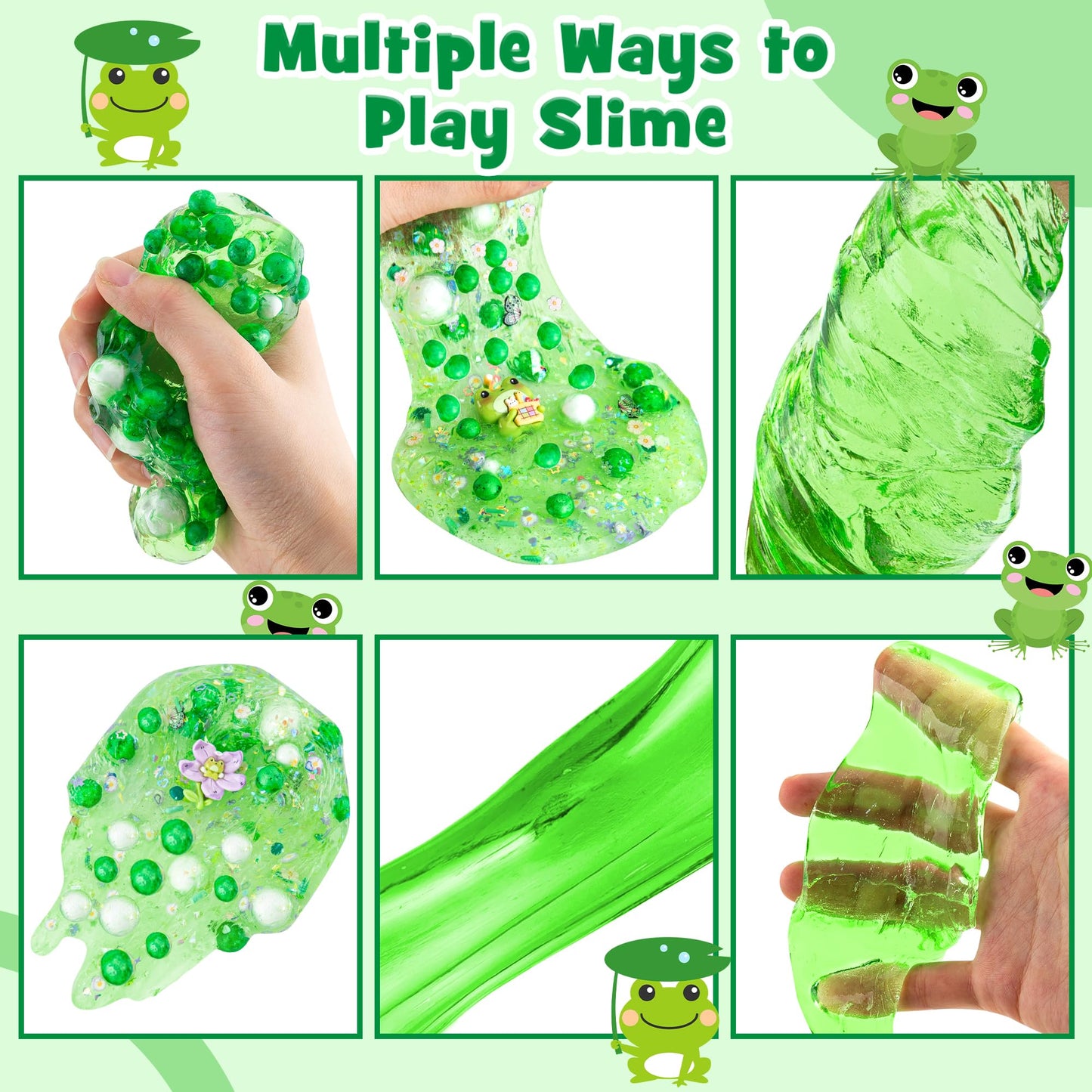 Lawoho Frog Clear Slime 300Ml, Green Clear Slime Kit For Girls Ages 8-12 With 8 Packs Slime Add-Ins, Slime For Kids Party Favors, Non Stick Slime With Clay, Birthday Halloween Christmas Easter Gifts