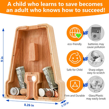Wooden Letter Piggy Bank for Kids Initial Coin Bank for Boys and Girls First Name Personalized Savings Bank for Birthday Boys Girls Gift Piggy Bank for Kids (Wood S9-A)