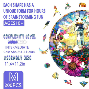 Wooden Puzzles for mature-themeds Stained Glass Lighthouse Puzzle Unique Shaped Wooden Jigsaw Puzzle Wood Puzzles mature-themed Flower Perfect for Birthday Gift Wall Art Room Decor (M-11.4 * 11.2in -200 Pcs)