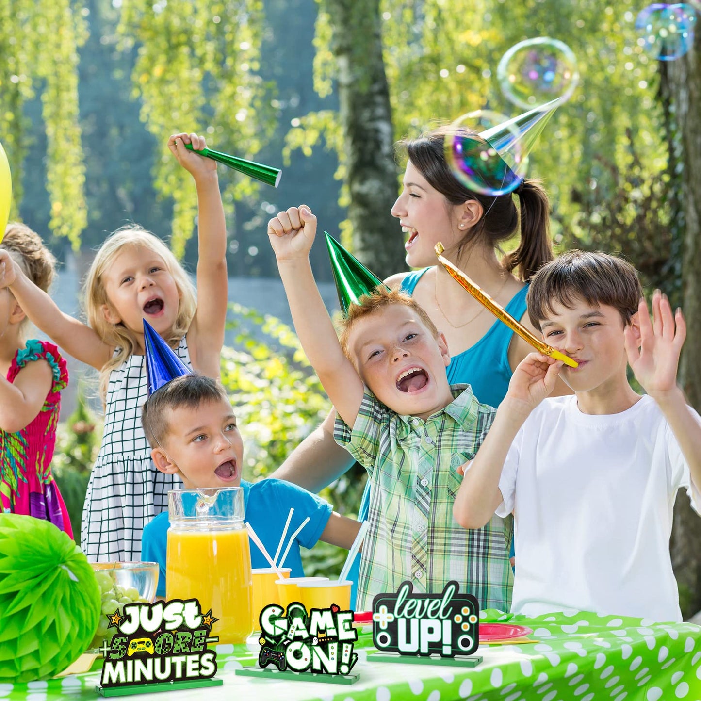 Frienda 3 Pcs Video Games Party Decorations Wood Table Level up Birthday Decorations Gamer Party Centerpieces Pixelated Table Si