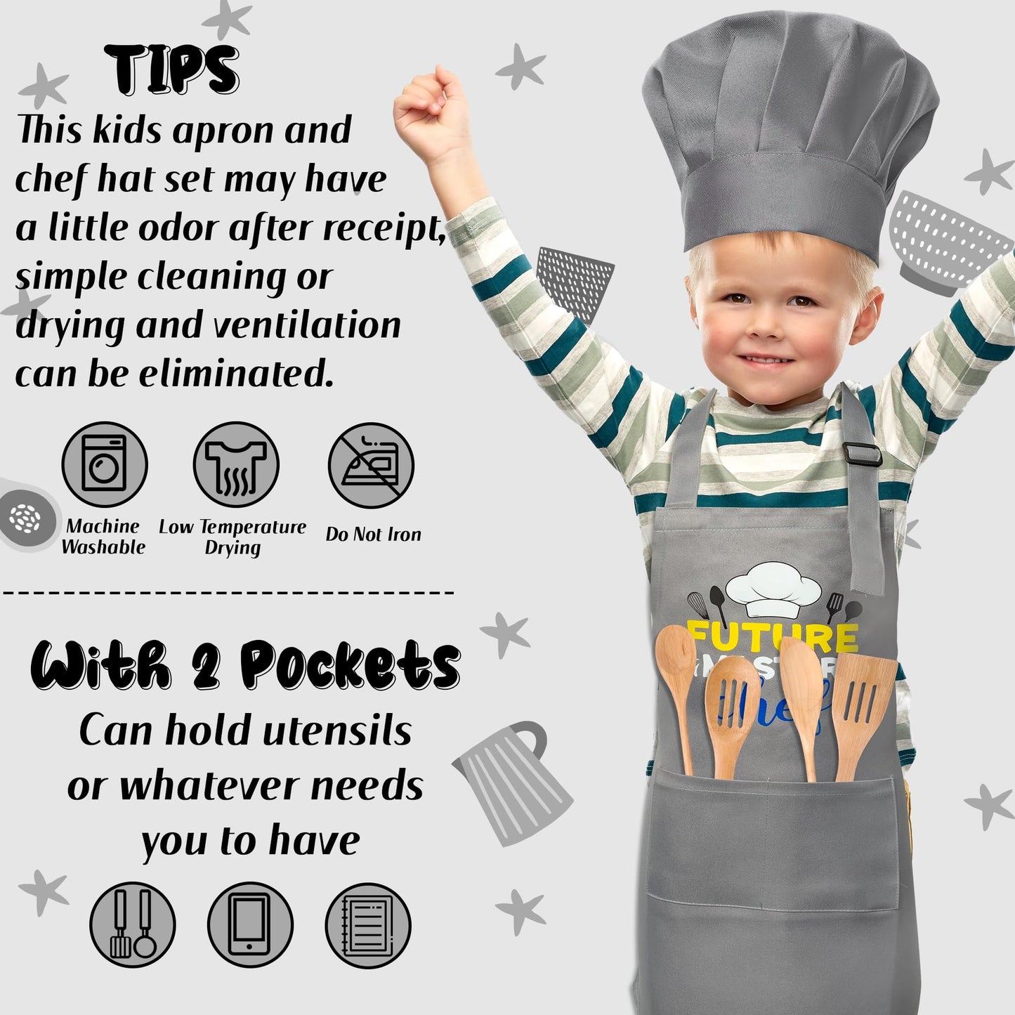 R HORSE Kid Apron and Chef Hat Set 2Pcs Adjustable Children Gray Kitchen Apron, Dress up Role Play Chef Toy Cooking Baking Paint