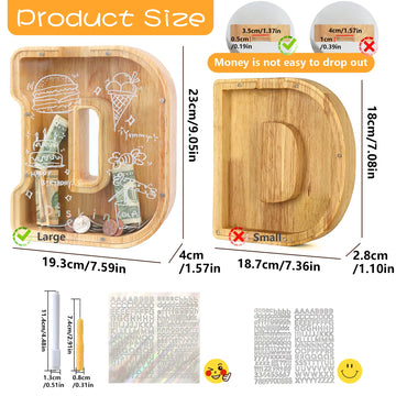 weallbuy Large Letter Piggy Bank for Kids Boys Girls Wooden Personalized Piggy Banks A-Z with Target Area Clear Alphabet Banknote Coin Banks for Gift Decoration Baptism (D)