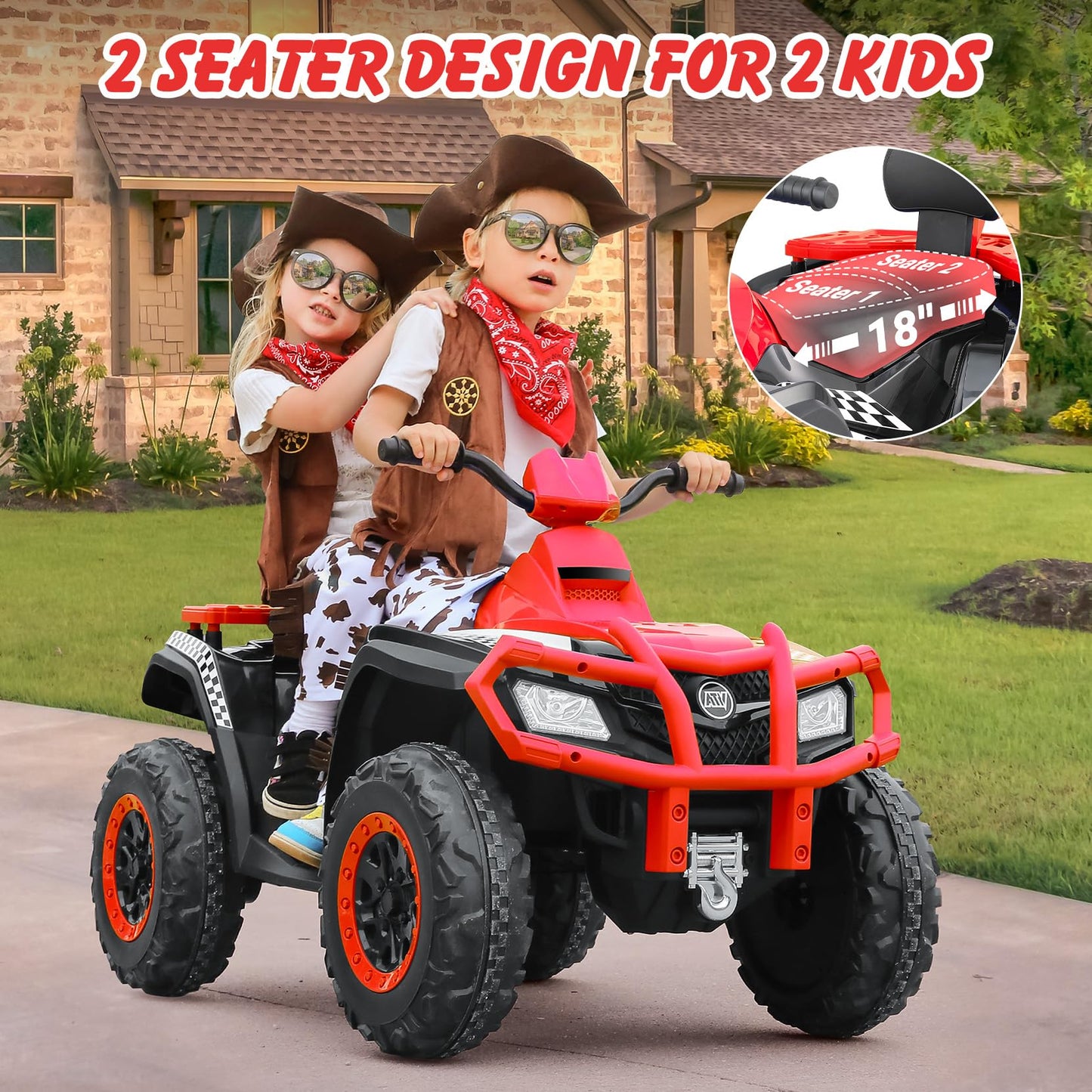 Elemara 24V 2 Seater Kids Ride-On Electric Atv,4 Wheeler Kids Quad Electric Car With Total 400W Motors, 5Mph Max Speed, 2 Charging Ports, Led Headlights, Music, Radio, Ride On Toys For Big Kids, Red