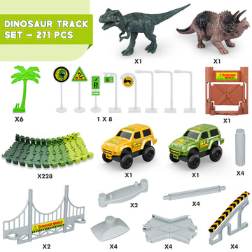 Hony Dinosaur Tracks Set - 271 PCS Flexible Train Tracks with 2 Race Cars & 2 Dinosaurs, Green, for Kids Ages 3-8, Best Gift