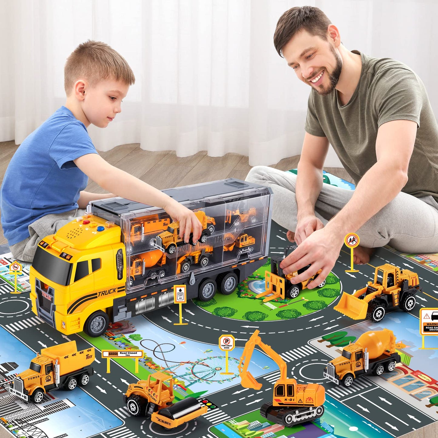 Temi Toddler Toys For 3 4 5 6 Years Old Boys, Die-Cast Construction Toys Car Carrier Vehicle Toy Set W/Play Mat, Kids Toys Truck Alloy Metal Car Toys Set For Age 3-9 Toddlers Kids Boys & Girls