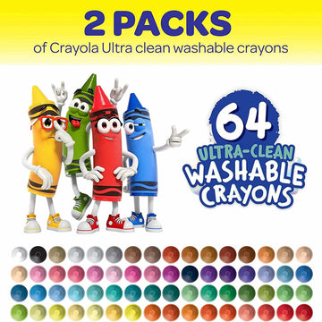 Crayola Washable Crayons 64ct - Ultra-Clean Wax Crayon Set for Kids, Bulk 2 Boxes, Ideal for Coloring Books and Gifts