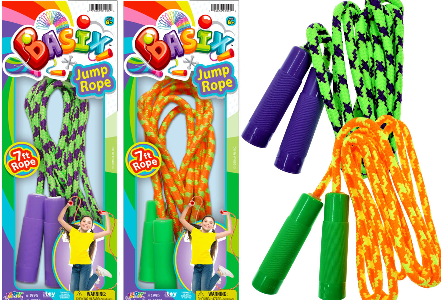 JA-RU 7ft Adjustable Jump Rope for Kids (2-Pack) - Nylon Braided Skipping Rope for Kids | Playground Toys & Recess Equipment for