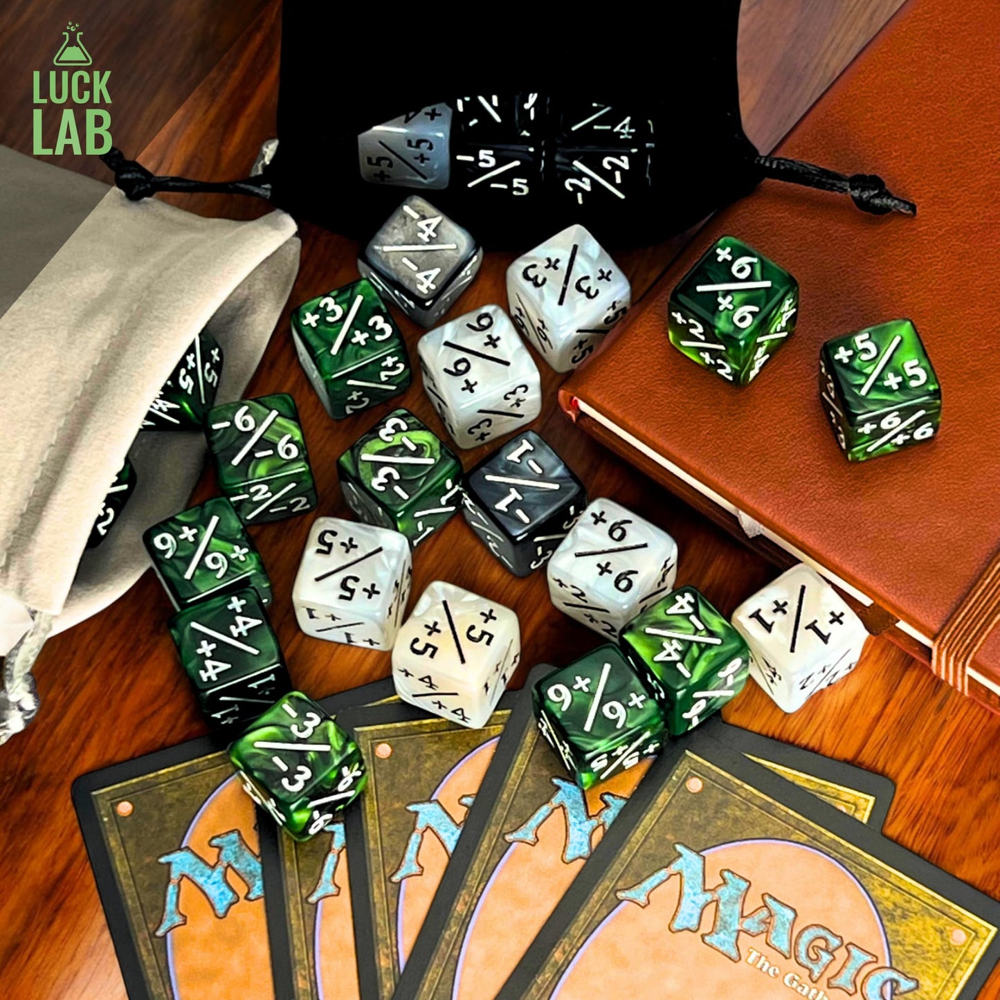 Luck Lab Mtg Magic Life Counter Dice - 48 Pcs Compatible W/Magic Card Game Accessories, Ccg Creature Stats W/ 2 Dice Bags (Green