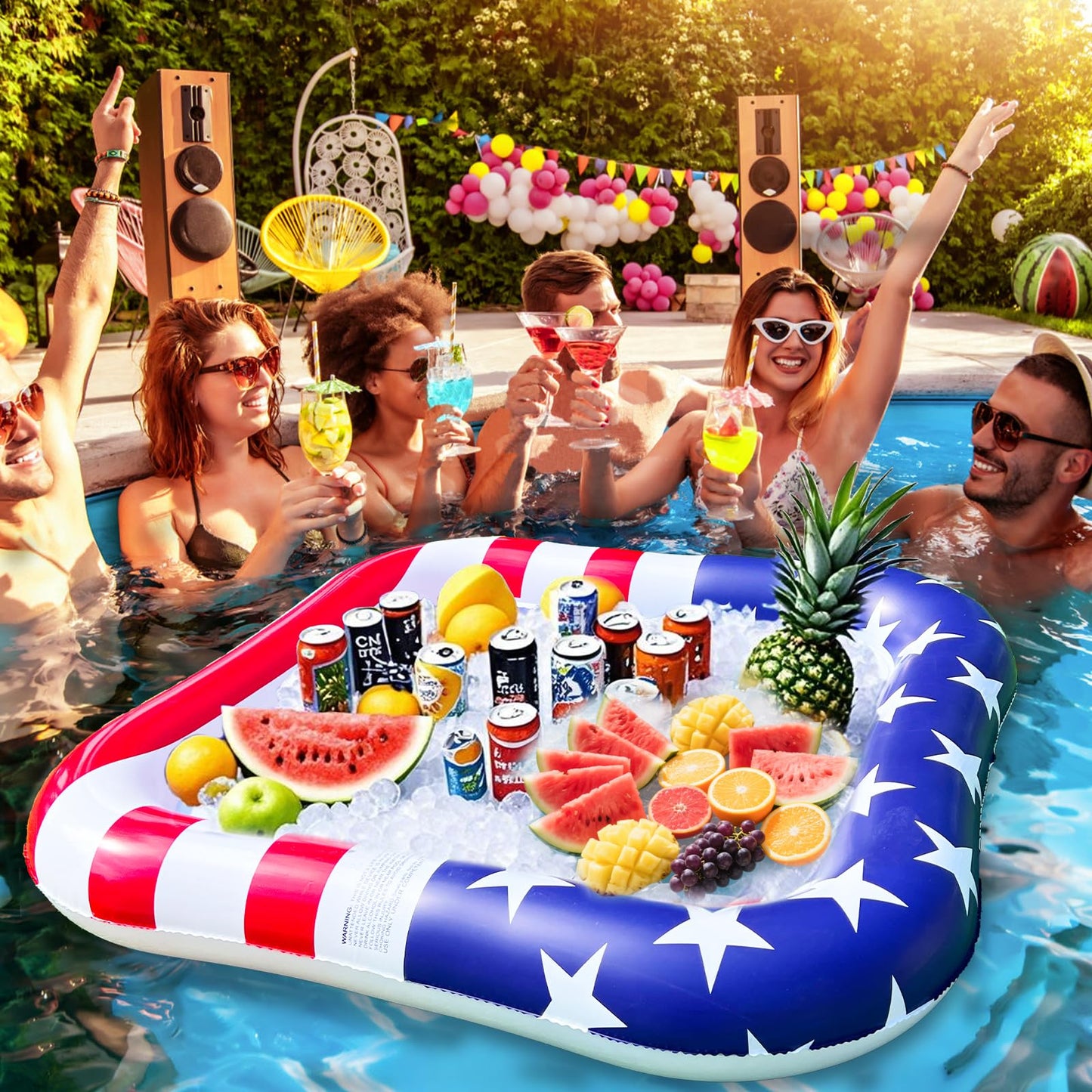 2 in 1 Patriotic Inflatable Ice Serving Trays Cooler & mature-themed Pool Game Table Include Waterproof Playing Cards for 4th of July Party Large Floating Game Table Food Drink Holder Cooler Pool Accessories