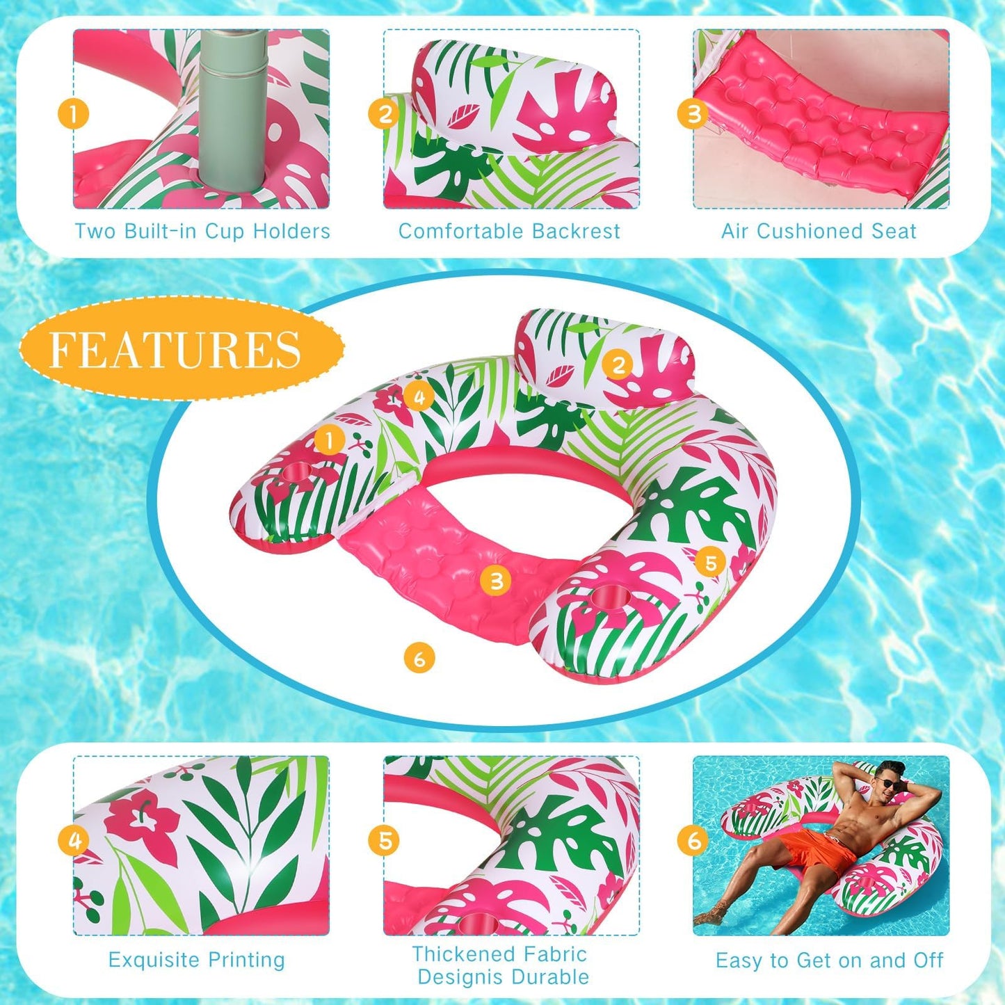 VercanMonth 2 Pack Inflatable Pool Float Chair mature-themed Pool Chairs with Cup Holders Backrest Portable Lounge Floaties for Swimming Summer Toy Floaties Beach Party Floaty for mature-themed (Classic Style)