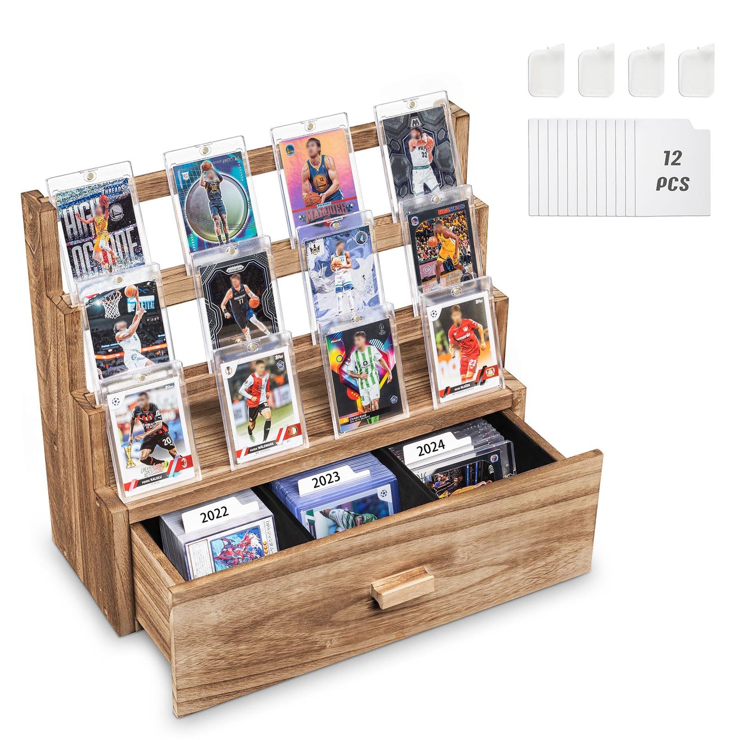 Emfogo Trading Card Display, 3-Tier Trading Card Storage With Custom Drawer, Wood Graded Card Display With Card Supporters And D