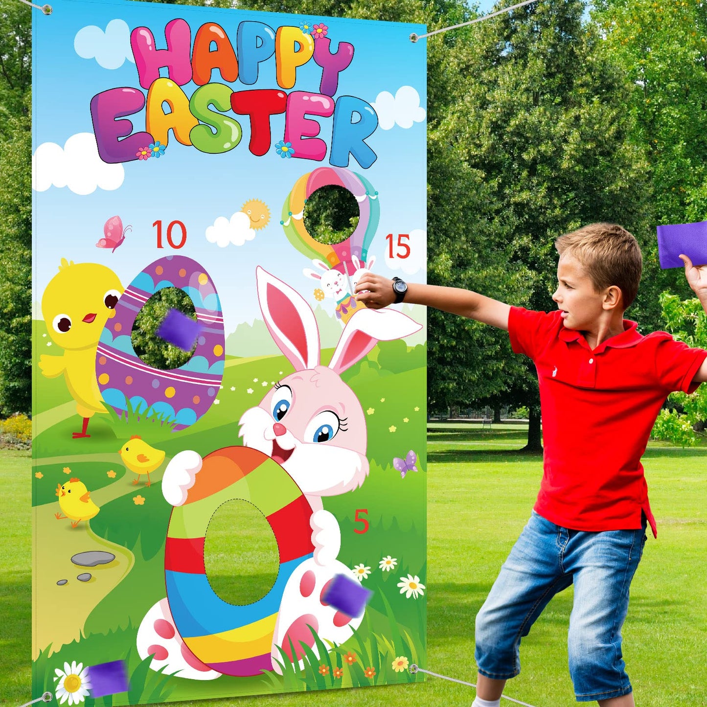 Tatuo Easter Toss Game With 3 Bean Bags Funny Bunny And Easter Egg Banner 34 X 53 Inches Spring Bean Bag Game Sets For Indoor Ou