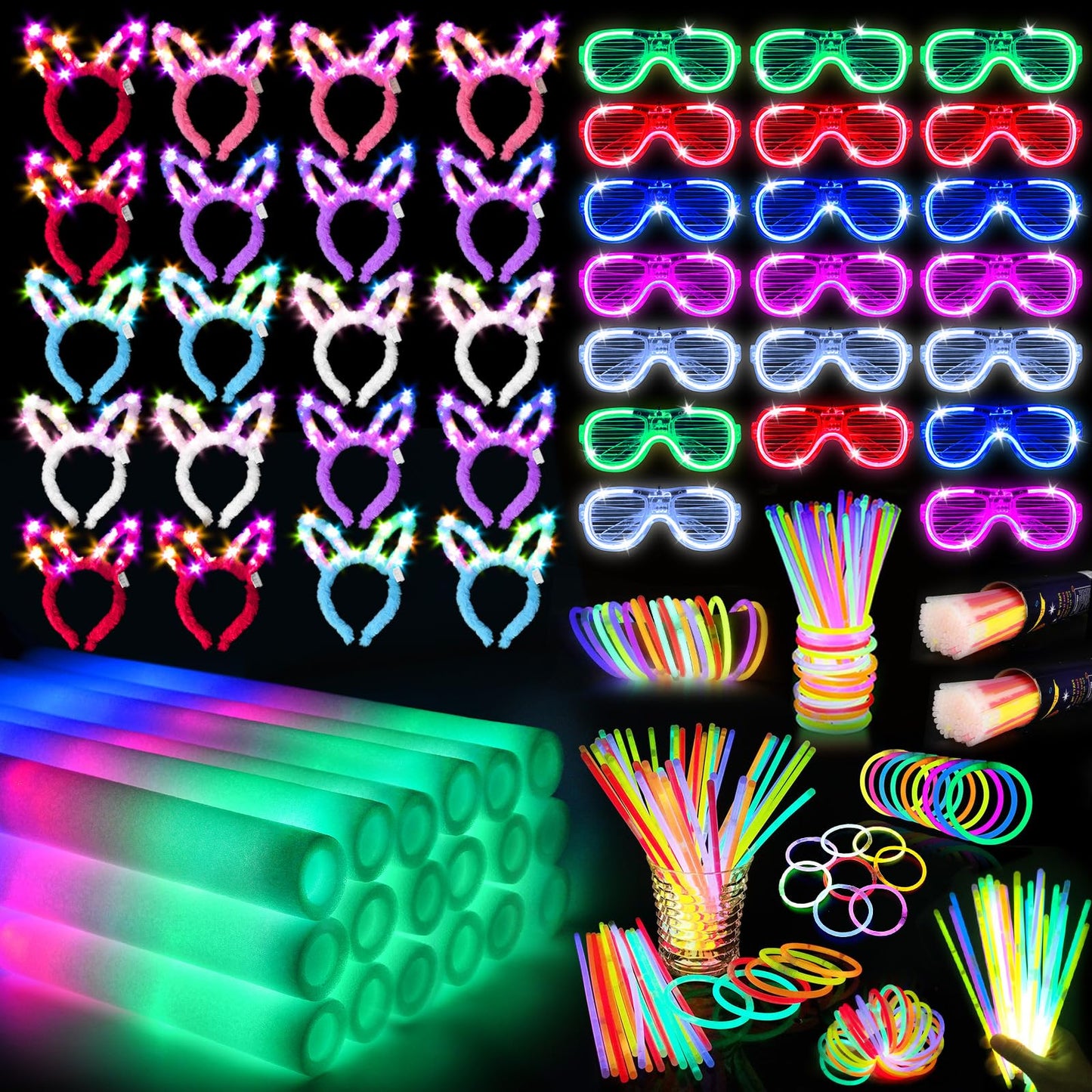 Shqdd260 Pcs Glow In The Dark Party Supplies, Glow Sticks Glasses Favors, 20Pcs Foam Glow Sticks, 20Pcs Led Glasses, 20Pcs Bunny