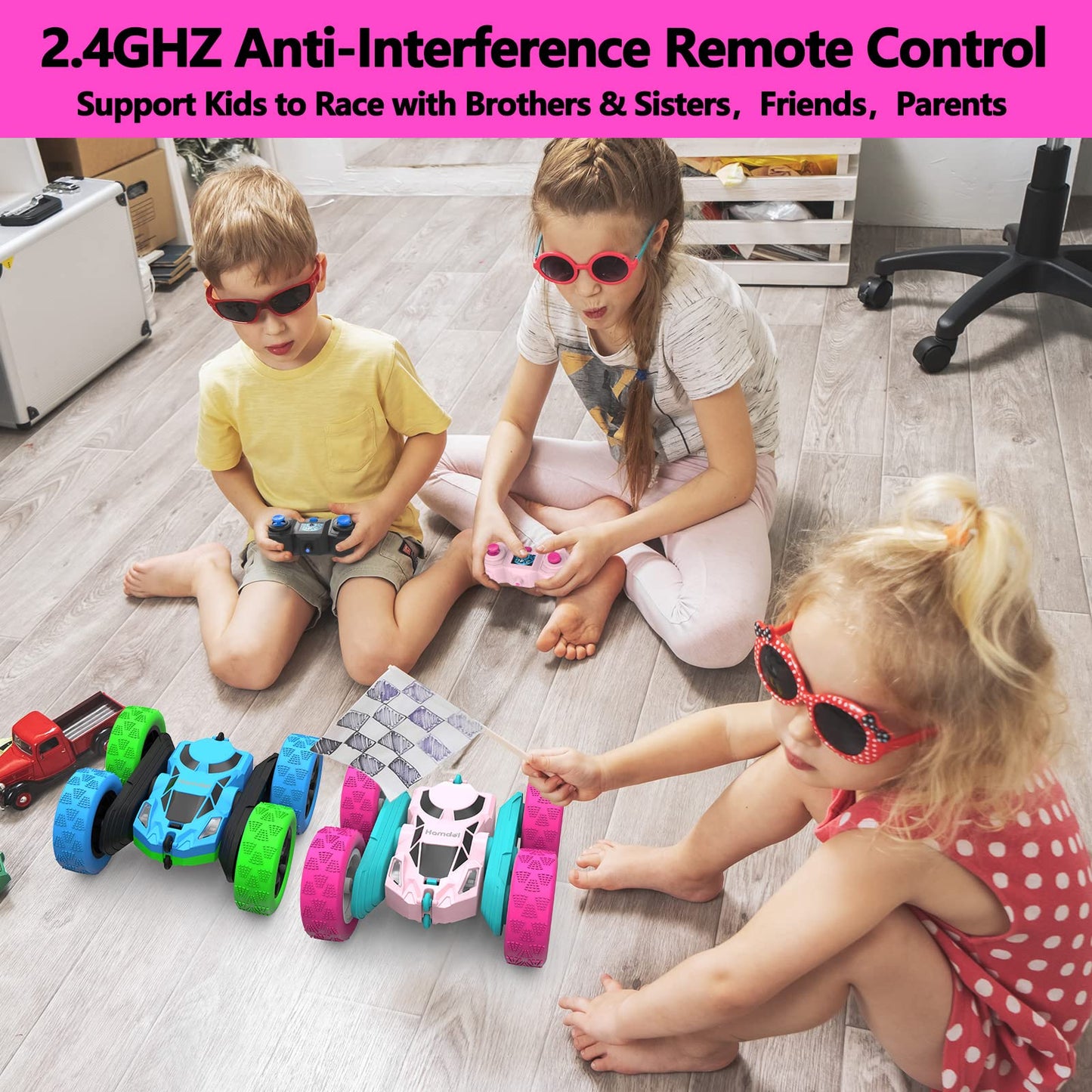 Hamdol Remote Control Car for Girls Pink RC Car Double Sided 360Flip Stunt Car with Headlights, All Terrain Tires, Rechargeable