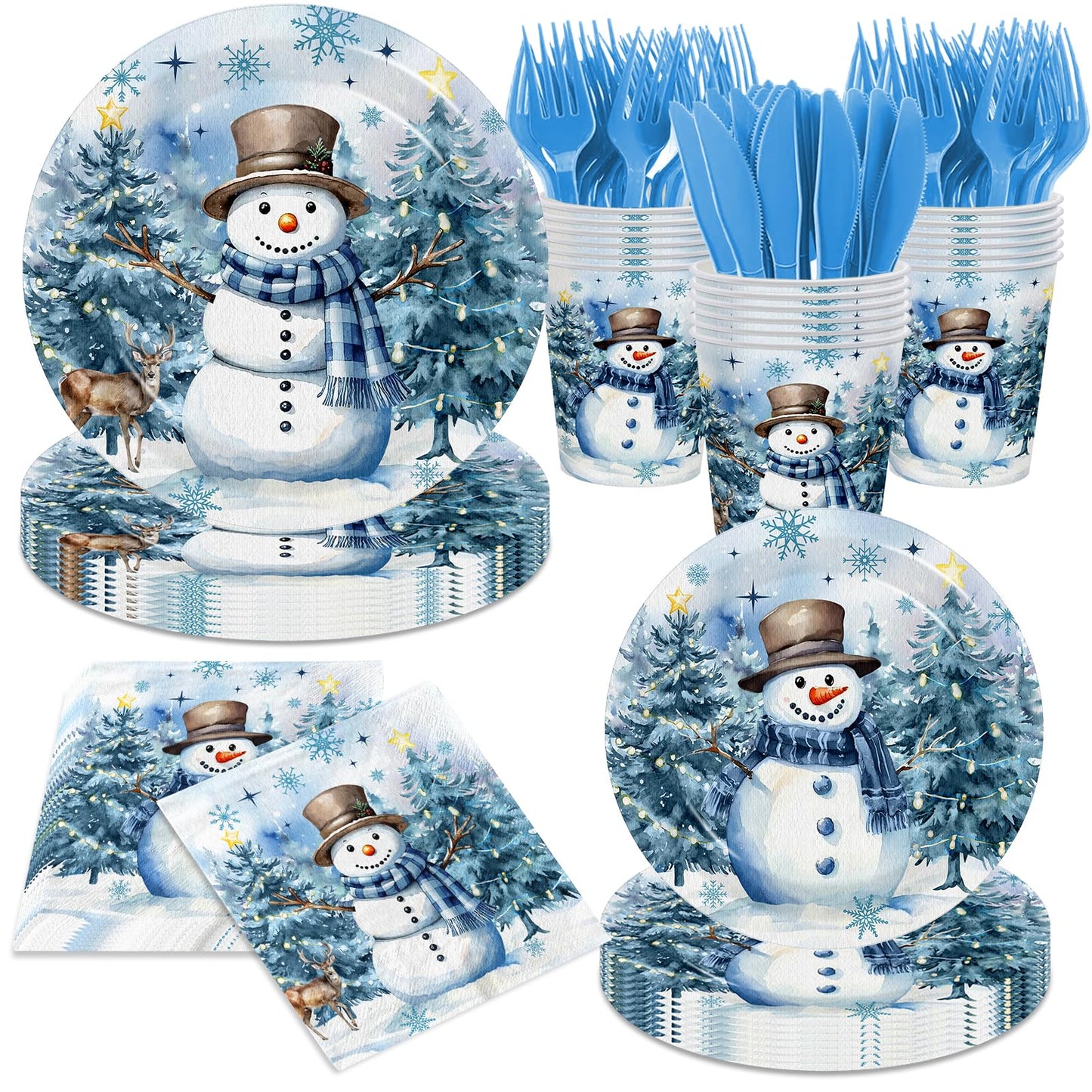 pugipien 144pcs Christmas Paper Plates and Napkins, Winter Snowman Plates and Napkins Disposable Dinnerware Kit for Winter Chris