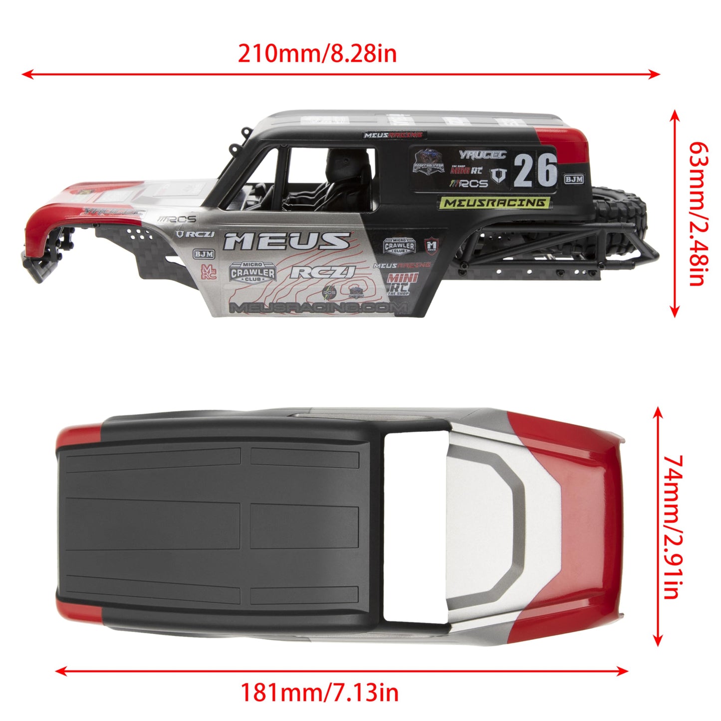 MEUS RACING MB24 SCX24 Body 5.2in 132MM Body Shell ABS+Nylon Carbon Fiber Chassis for 1/24 Axial SCX24 Bronco JLU B-17 C10(Red)