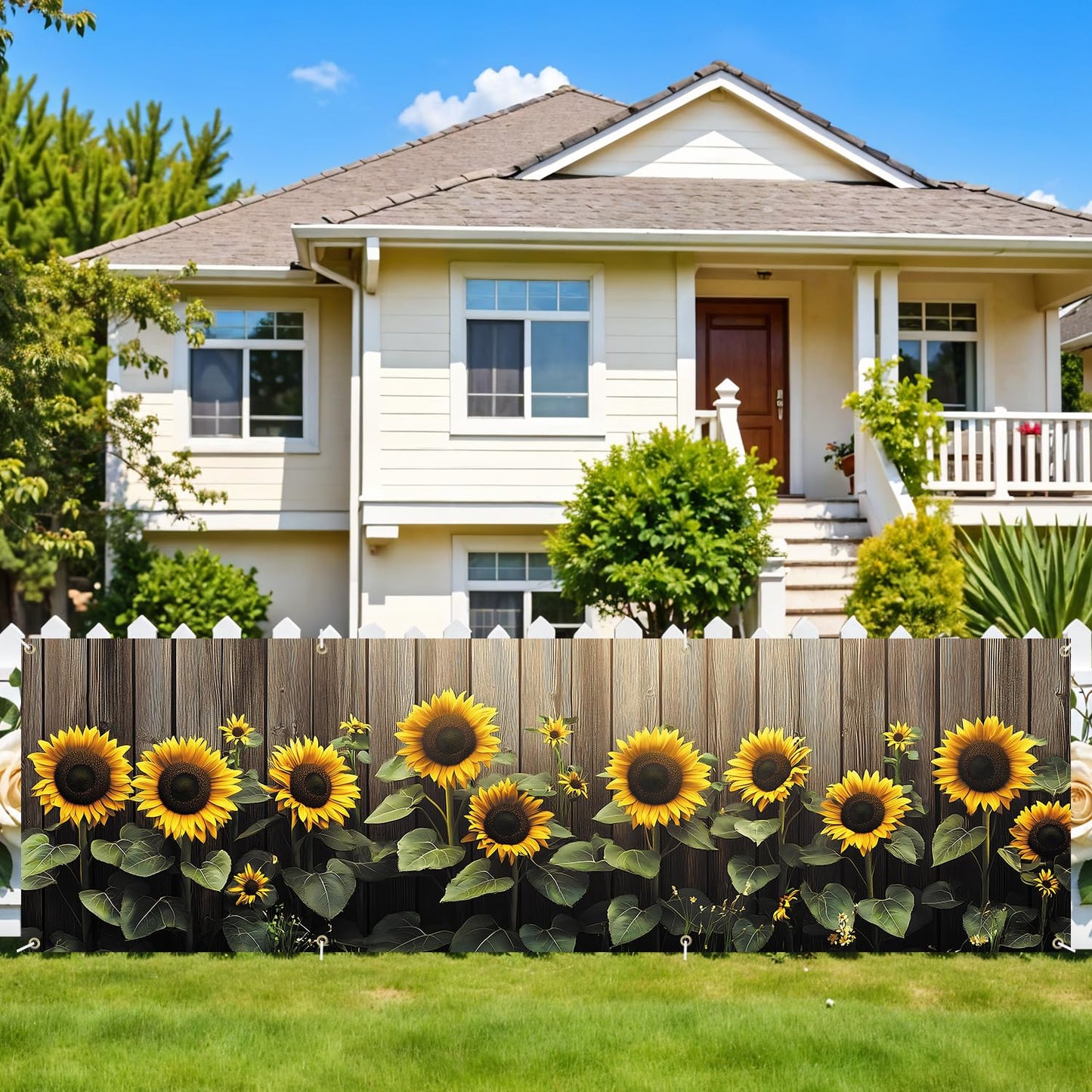 Sunflower 118 x 35 Inch Fence Banner for Outdoor Decor, Large Waterproof Privacy Screen with Vibrant Floral Print for Garden, Ba