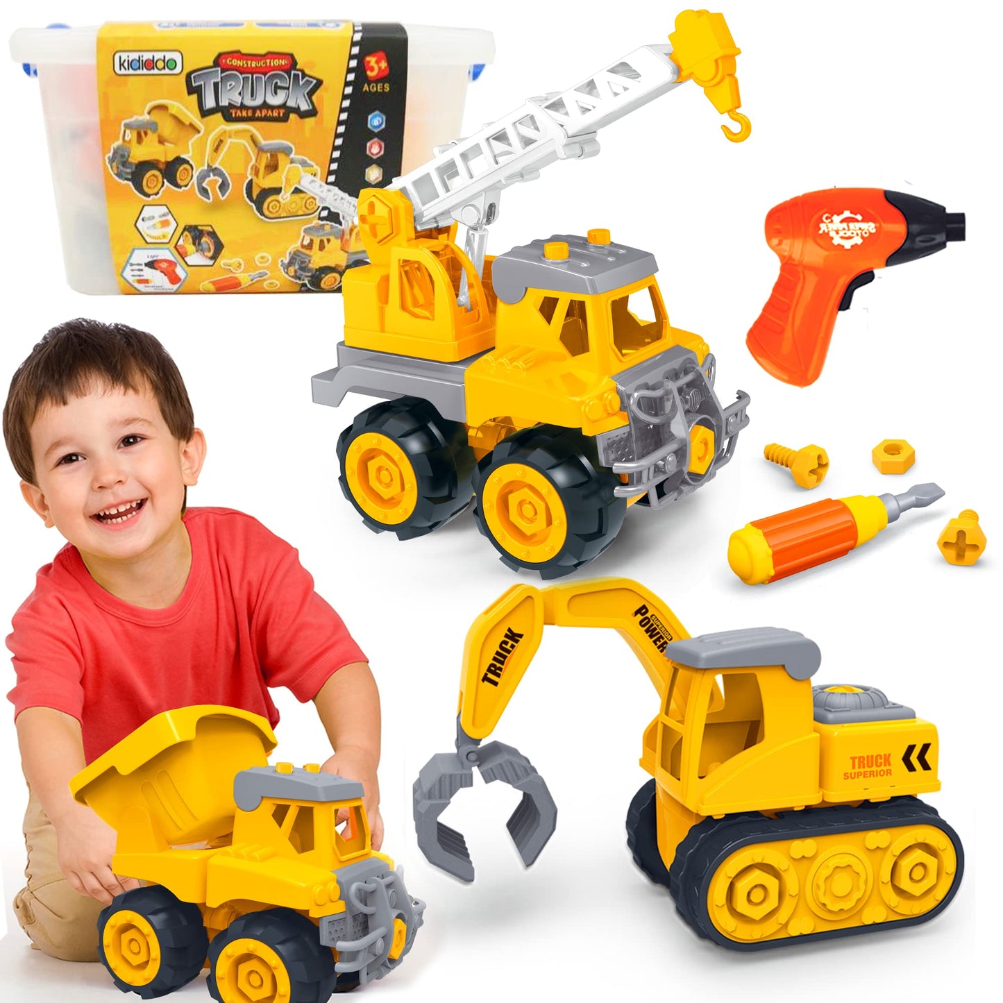 Construction Trucks Take Apart Toys For Kids Age 3-5 Toddlers Set Of 3 Vehicles Excavator, Crane, Dump Truck Toy With Screwdrive