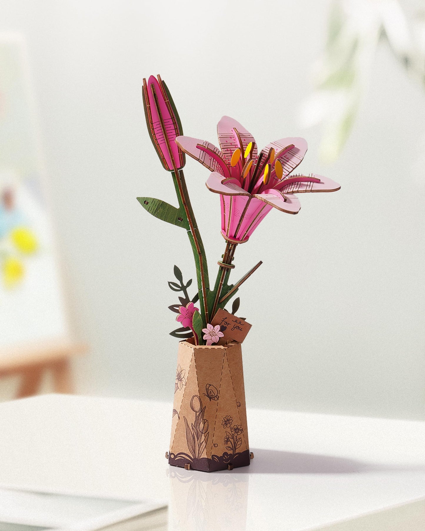 Wowood 3D Flower Wooden Puzzles For Adults-Pink Lily, Diy Wooden Flowers Model Kit Building Set Crafts For Adults To Build, Bota