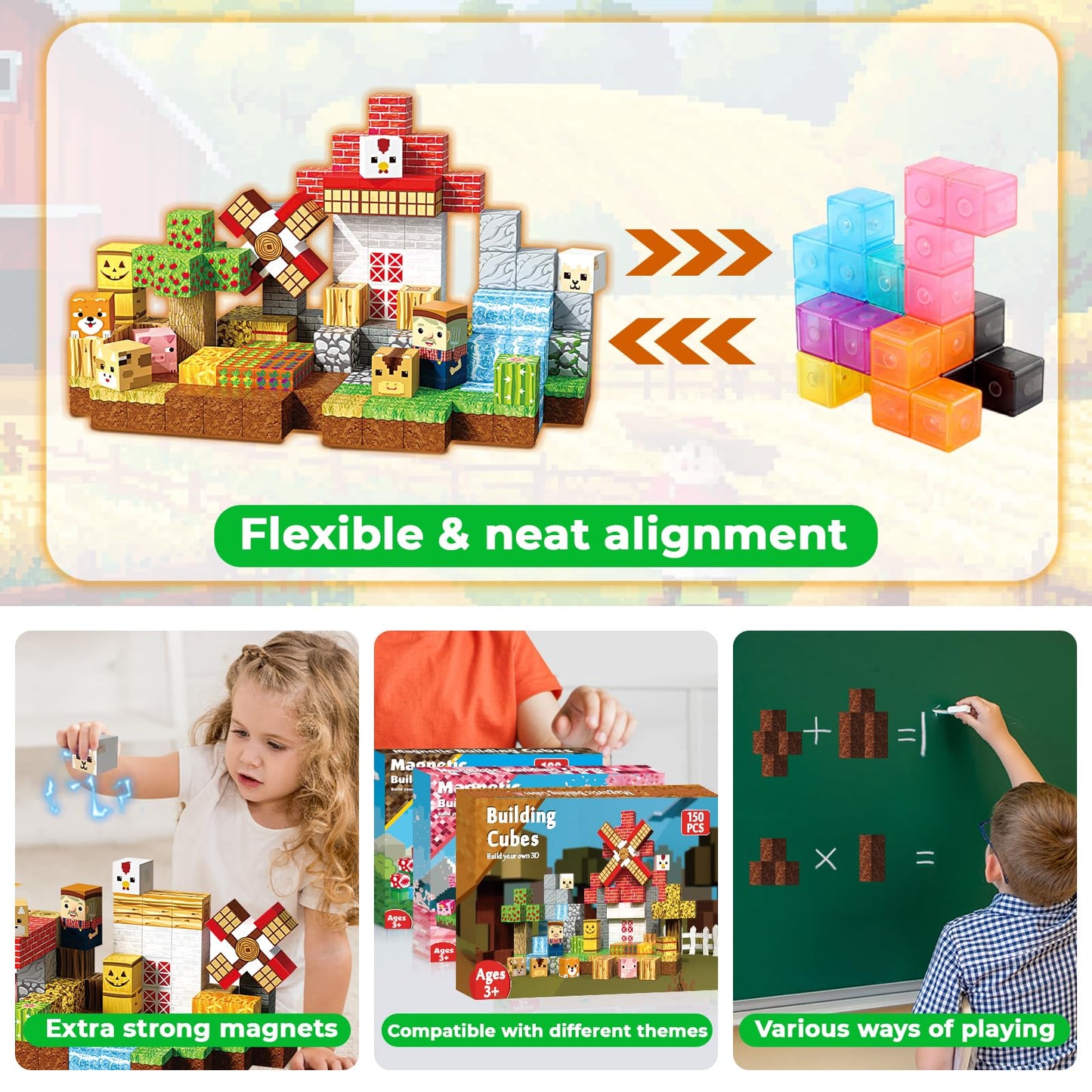 Graceduck Magnetic Blocks - 150 Pcs Build Magnetic Farm Animal Homes - Magnetic Toys For Montessori Toddler Christmas Birthday Gifts - Stem Sensory Toys For 3 4 5 6 7 8 9 10 Year Old Boys & Girls