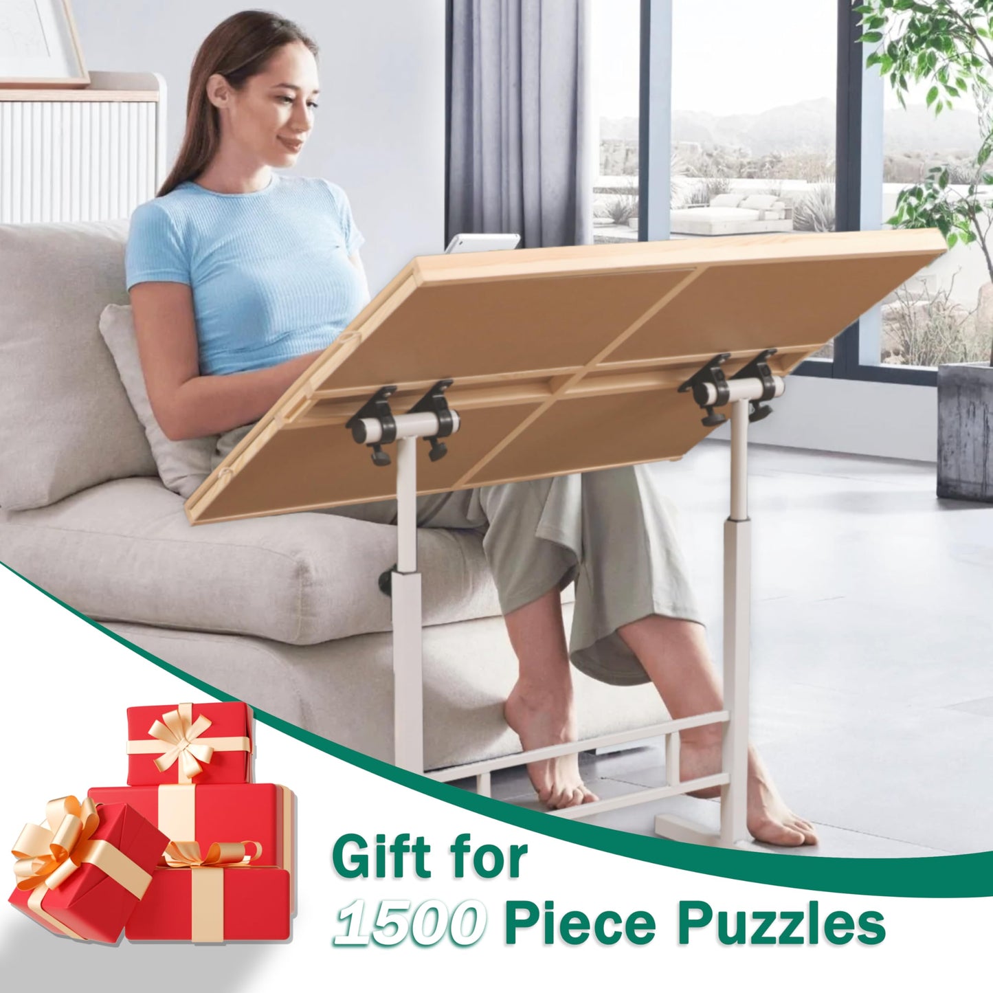 Fanwer Puzzle Table with Drawers, 1500 Piece Jigsaw Puzzle Table, Adjustable Height & Angle, 35x26in, Green Surface, Model TTCSC-zhuhe